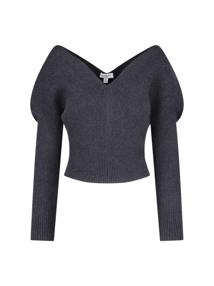 ALAÏA Heart Neck Knitted Jumper In Grey Product Image