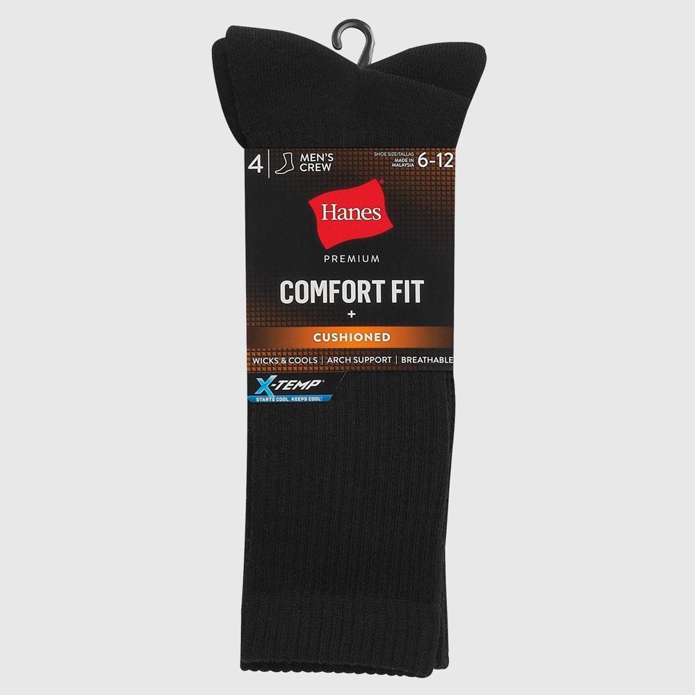 Hanes Premium Mens 4pk Cushion Casual Socks - Black 6-12: Crew, Midweight, Cushioned Sole, Reinforced Heel & Toe Product Image