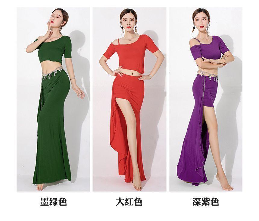 Set: Short-Sleeve Cold-Shoulder Plain Crop Dance Top + Mid Rise Asymmetrical Slit Maxi Pencil Skirt Product Image