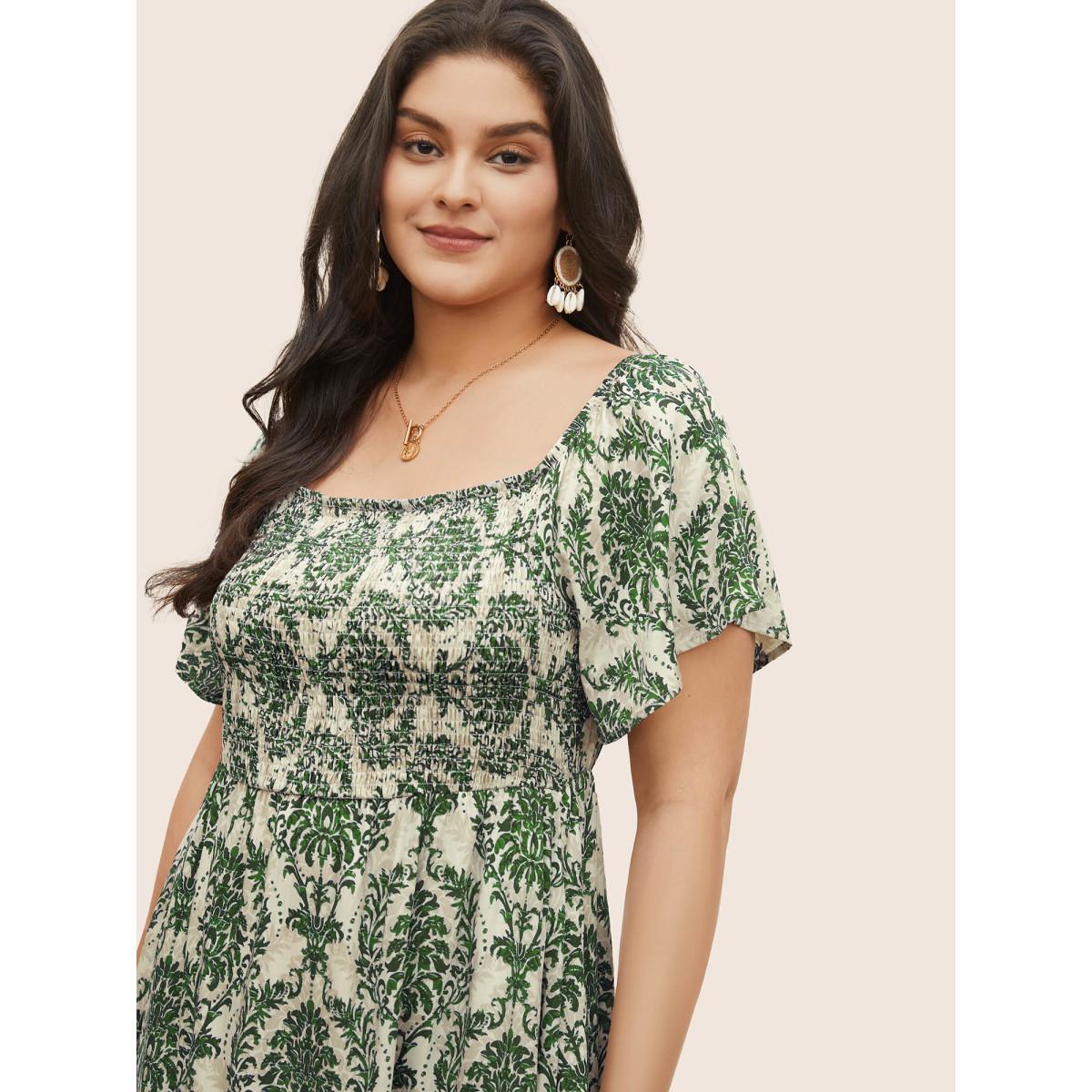 Plus Size Bandana Print Shirred Off Shoulder Dress Moss Women Resort Non One-shoulder neck Short sleeve Curvy Midi Dress BloomChic 14-16/1X Product Image