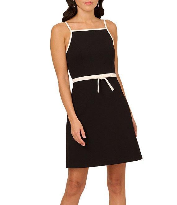 Adrianna Papell Square Neck Contrast Bow Trim A-Line Crepe Dress Product Image