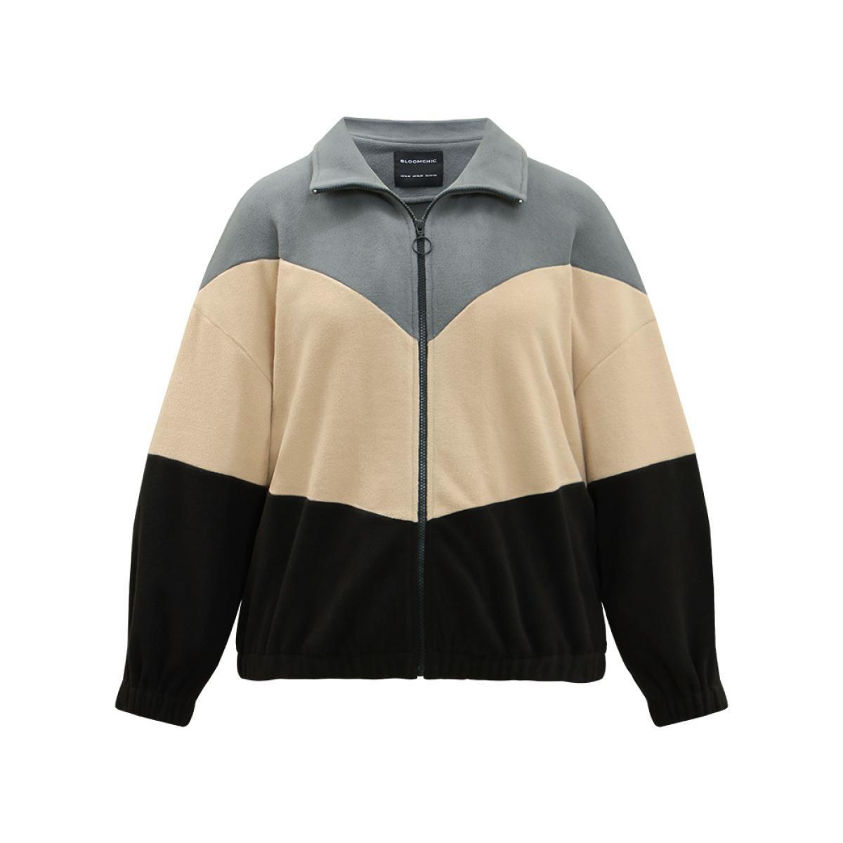 Plus Size Colorblock Contrast Zipper Drop Shoulder Jacket Women Gray Elastic cuffs Dailywear Jackets BloomChic 28/5X Product Image