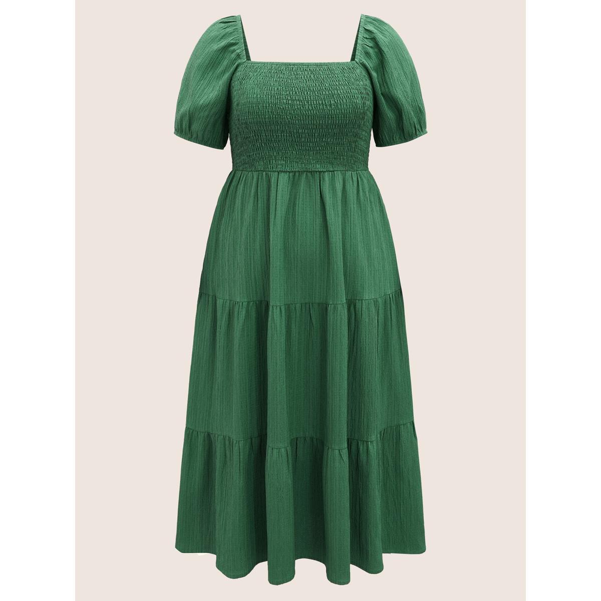 Plus Size Square Neck Texture Shirred Puff Sleeve Dress Emerald Women Elegant Texture Square Neck Short sleeve Curvy BloomChic 30/6X Product Image