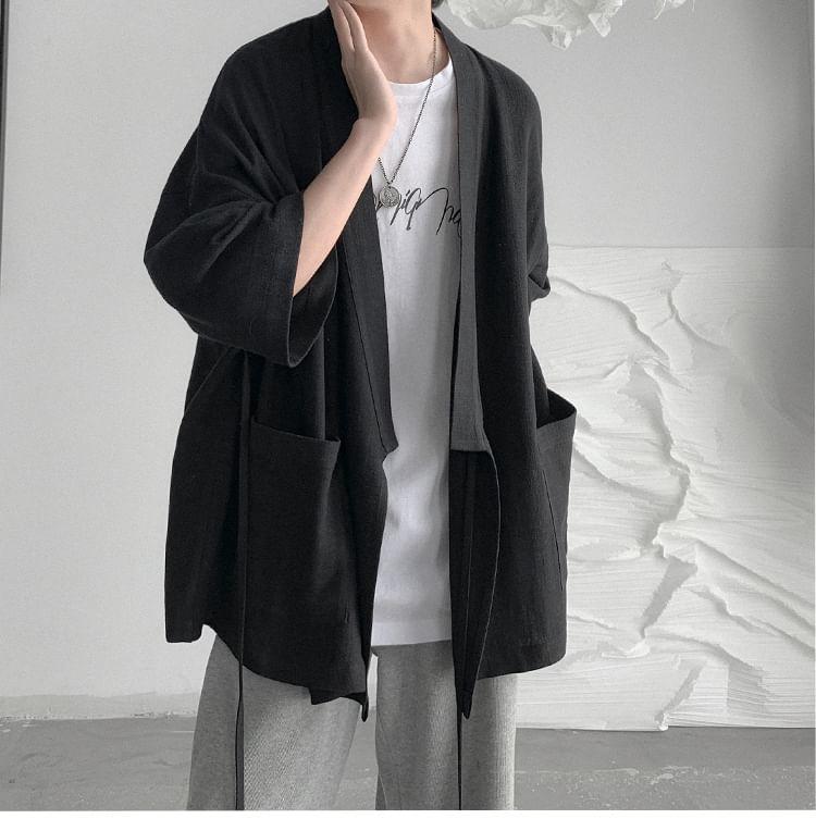 3/4-Sleeve Plain Open Front Kimono Jacket Product Image