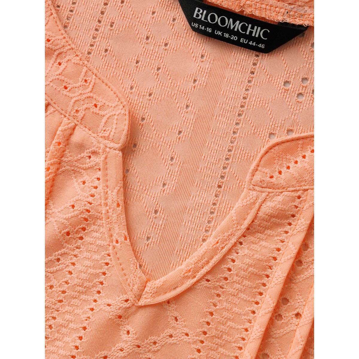 Plus Size Notched Broderie Anglaise Pleated T-shirt Lightorange Women Casual Texture Flat collar with V-notch Everyday T-shirts BloomChic 10/M Product Image