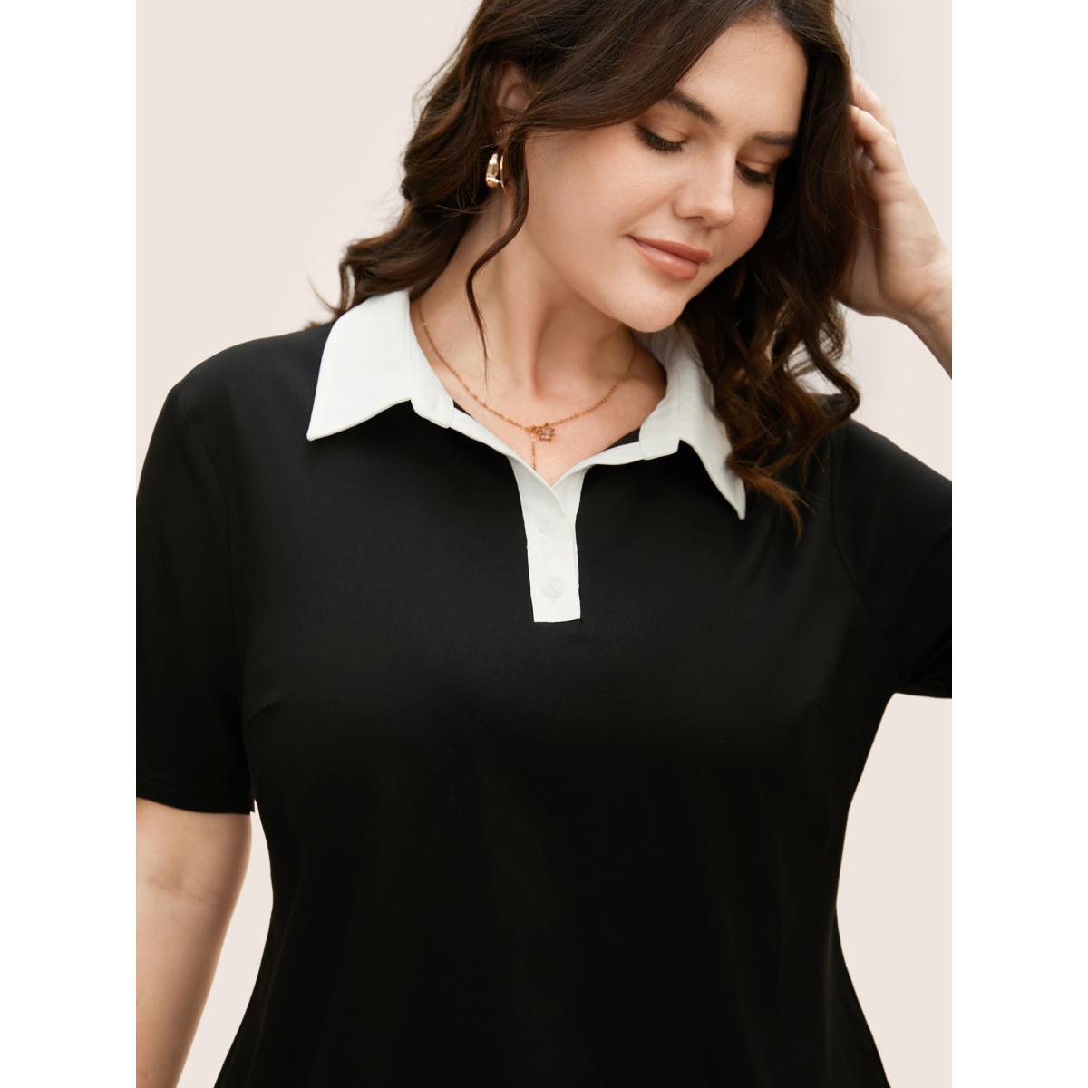 Plus Size Black Stretchy Woven Shirt Collar Contrast Blouse Women Workwear Essentials Short sleeve Shirt collar Work Blouses BloomChic 14-16/1X Product Image