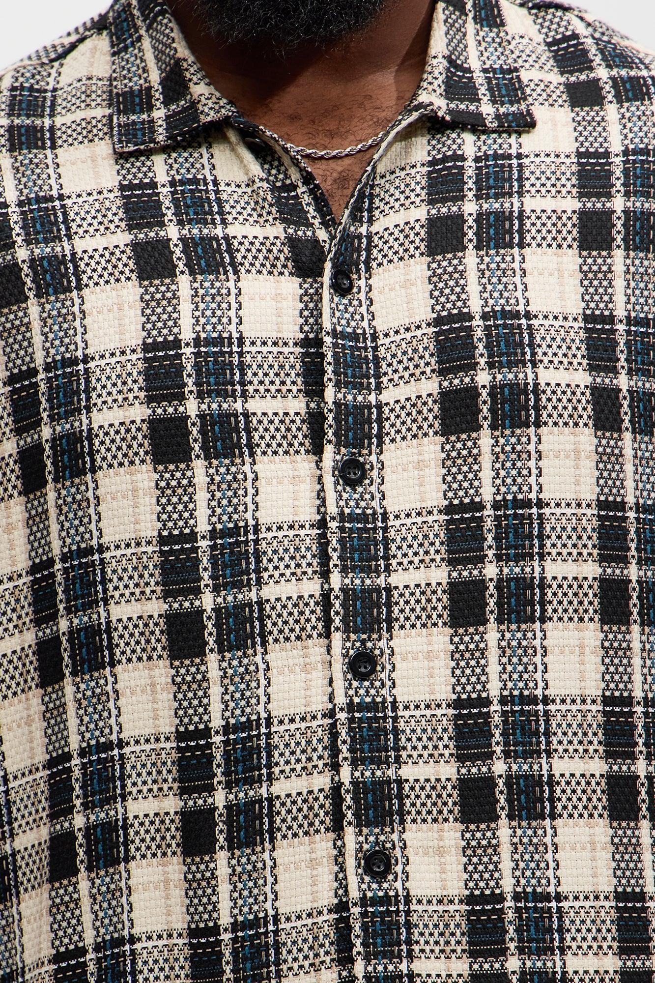 Plaid Basket Weave Cropped Button Up Shirt - Black/combo Product Image