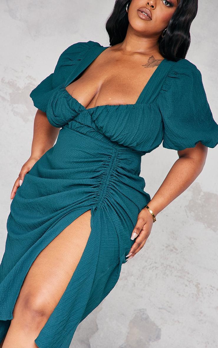 Plus Emerald Green Puff Sleeve Ruched Side Split Midi Dress Product Image