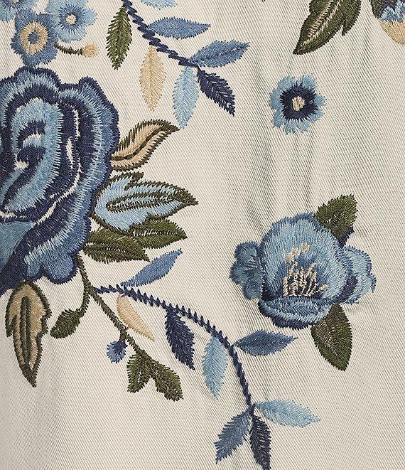 Reba Floral Embroidered 3/4 Sleeve Tie Split V-Neck Frayed High-Low Hem Peasant Tunic Product Image