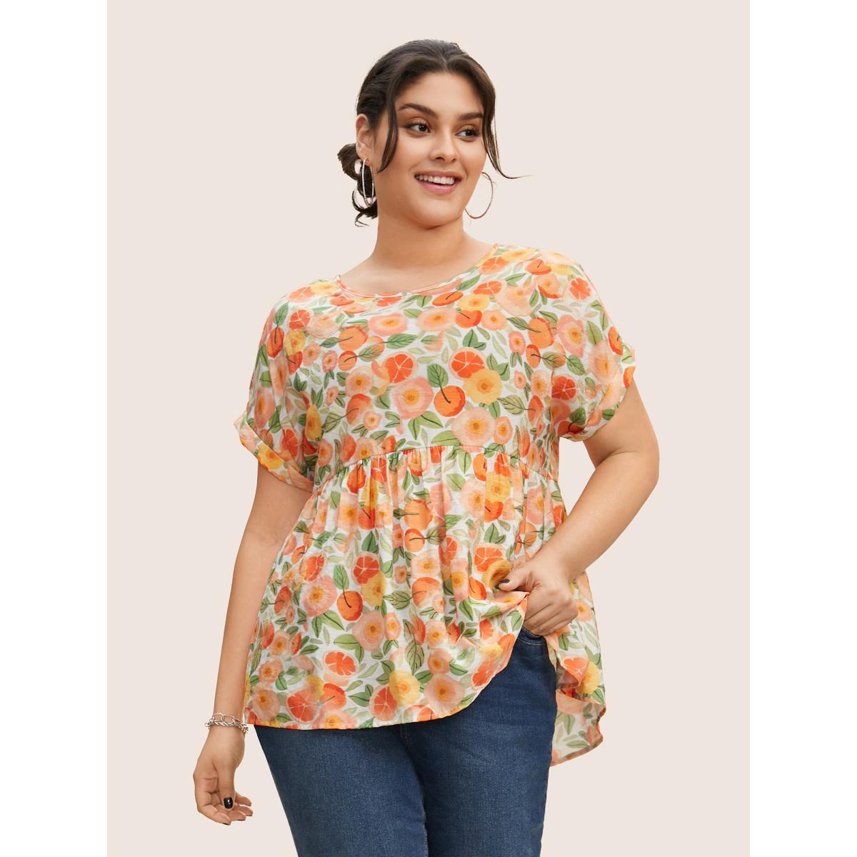 Plus Size Salmon Fruit Print Curved Hem Batwing Sleeve Blouse Women Casual Cap Sleeve Round Neck Everyday Blouses BloomChic 28/5X Product Image
