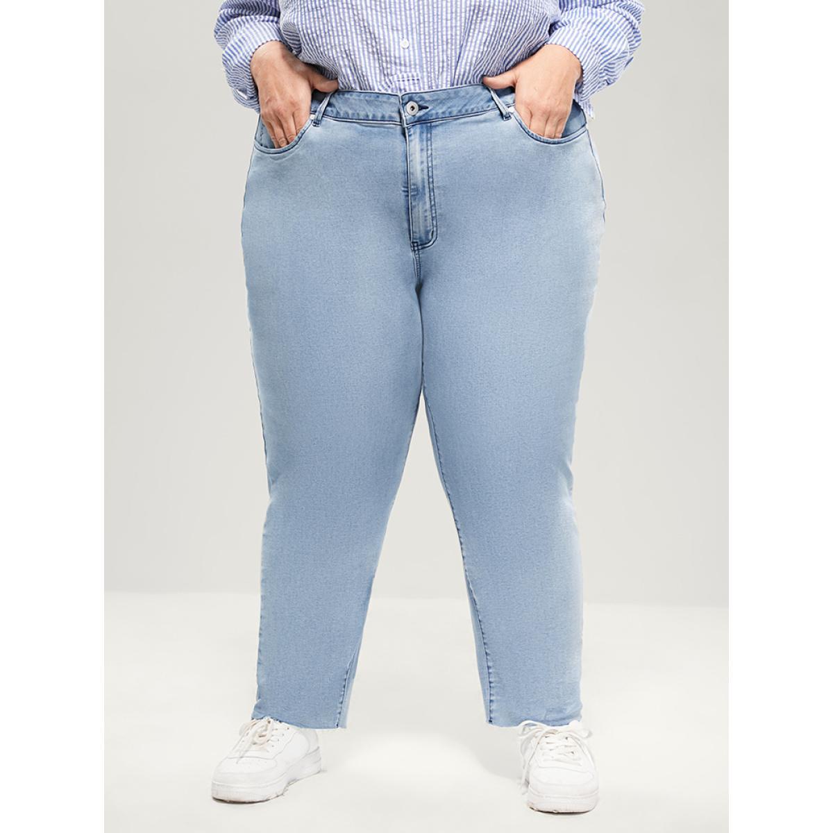 Plus Size Skinny Very Stretchy High Rise Light Wash Pocket Patchwork Jeans Women LightBlue Casual Plain Asymmetrical High stretch Pocket Jeans BloomChic 20/2X Product Image