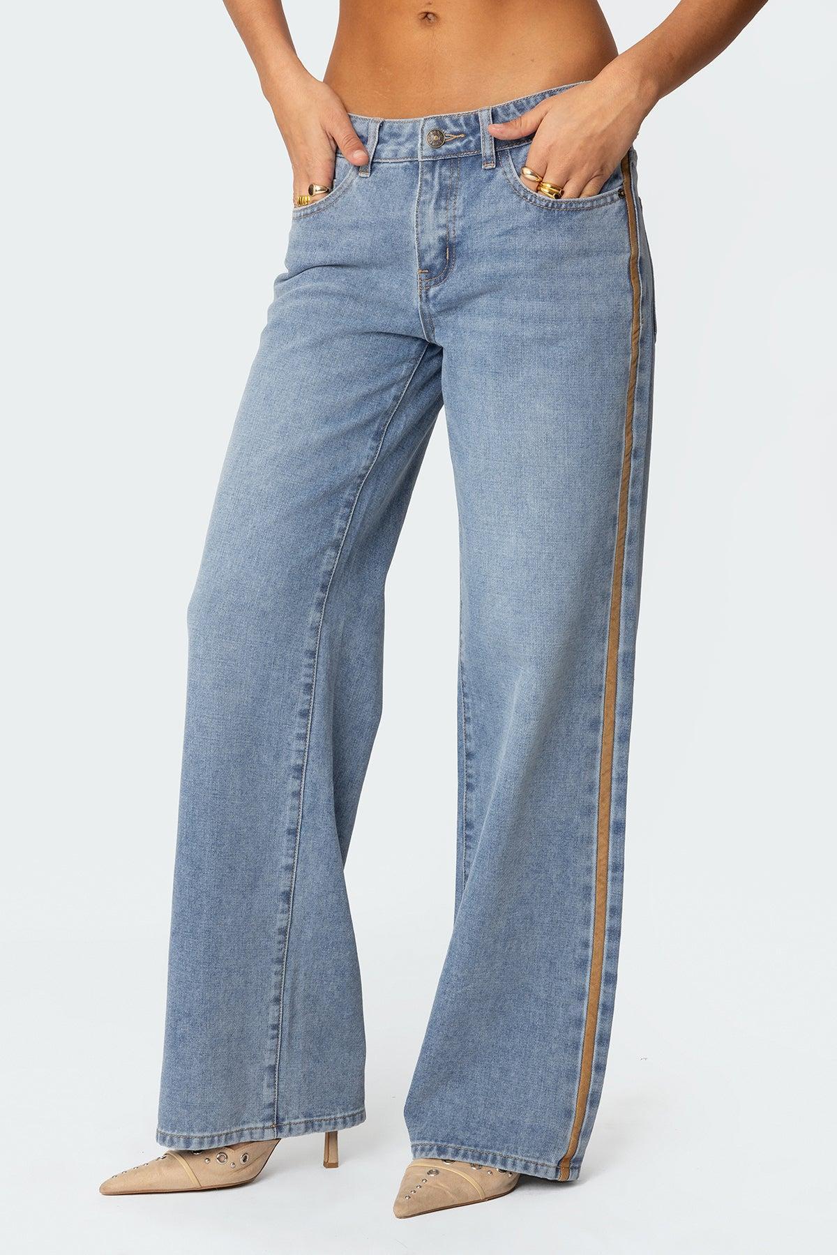 Faux Suede Stripe Low Rise Jeans Product Image