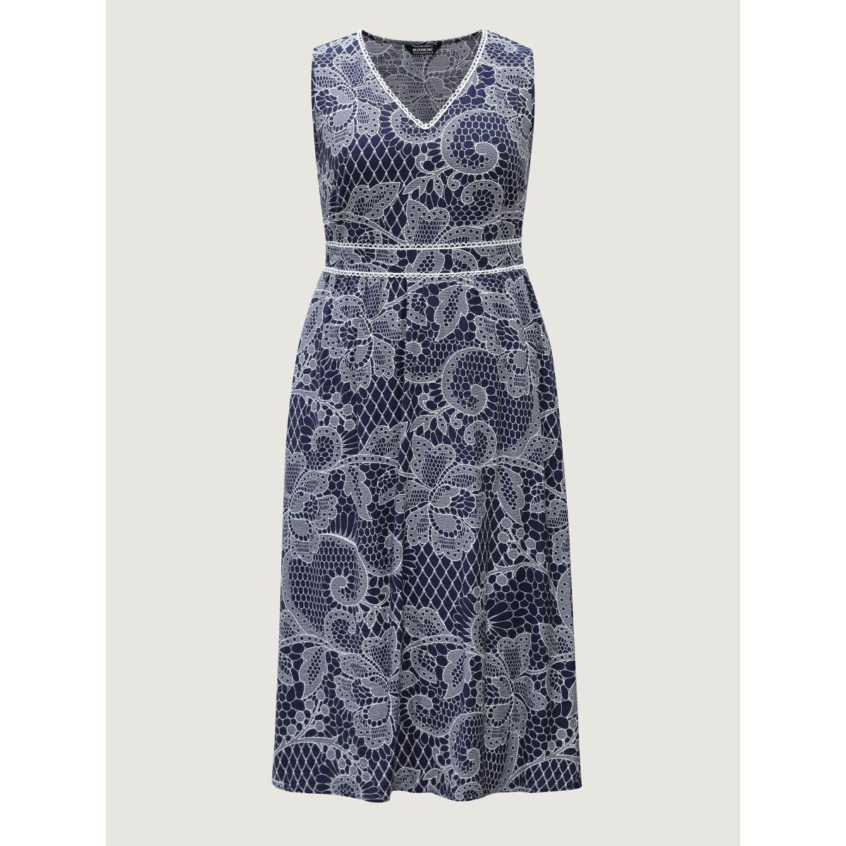 Plus Size Lace-Like Print Cinched-Waist Midi Dress Navy Women V-neck Sleeveless Curvy BloomChic 18-20/2X Product Image