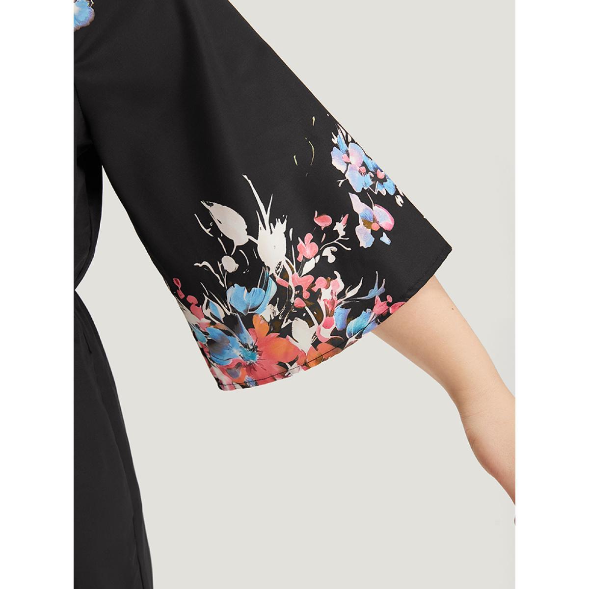 Plus Size Black Boho Print Drawstring Pocket Flutter Sleeve Jumpsuit Women Elegant Elbow-length sleeve V-neck Everyday Loose Jumpsuits BloomChic 14-16/1X Product Image