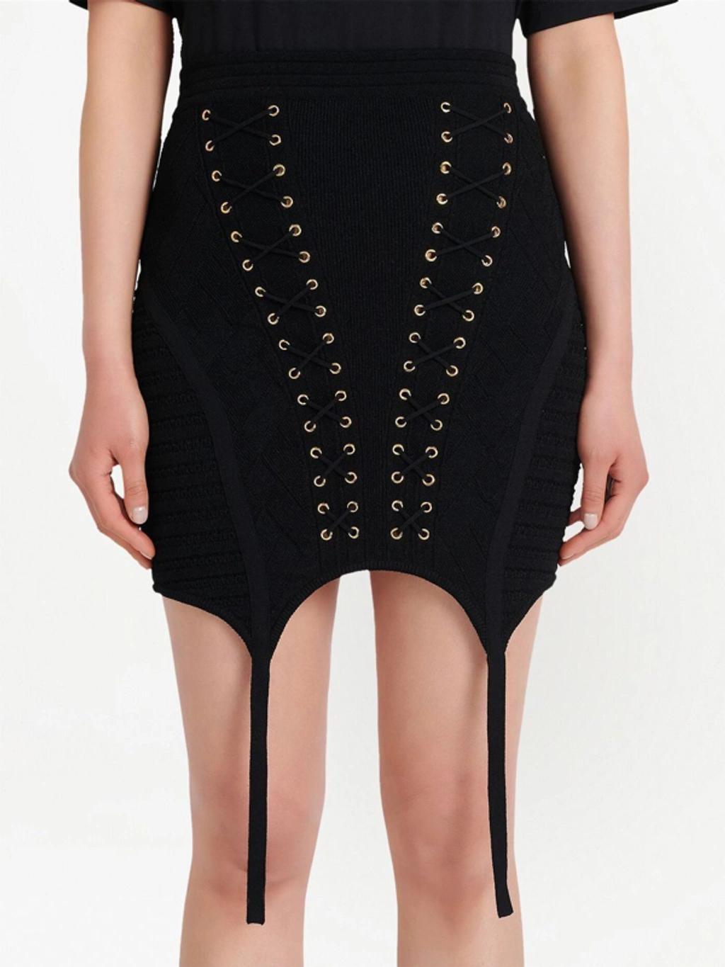 BALMAIN Eyelet Detail Lace Up Knitted Garter Skirt In Black Product Image