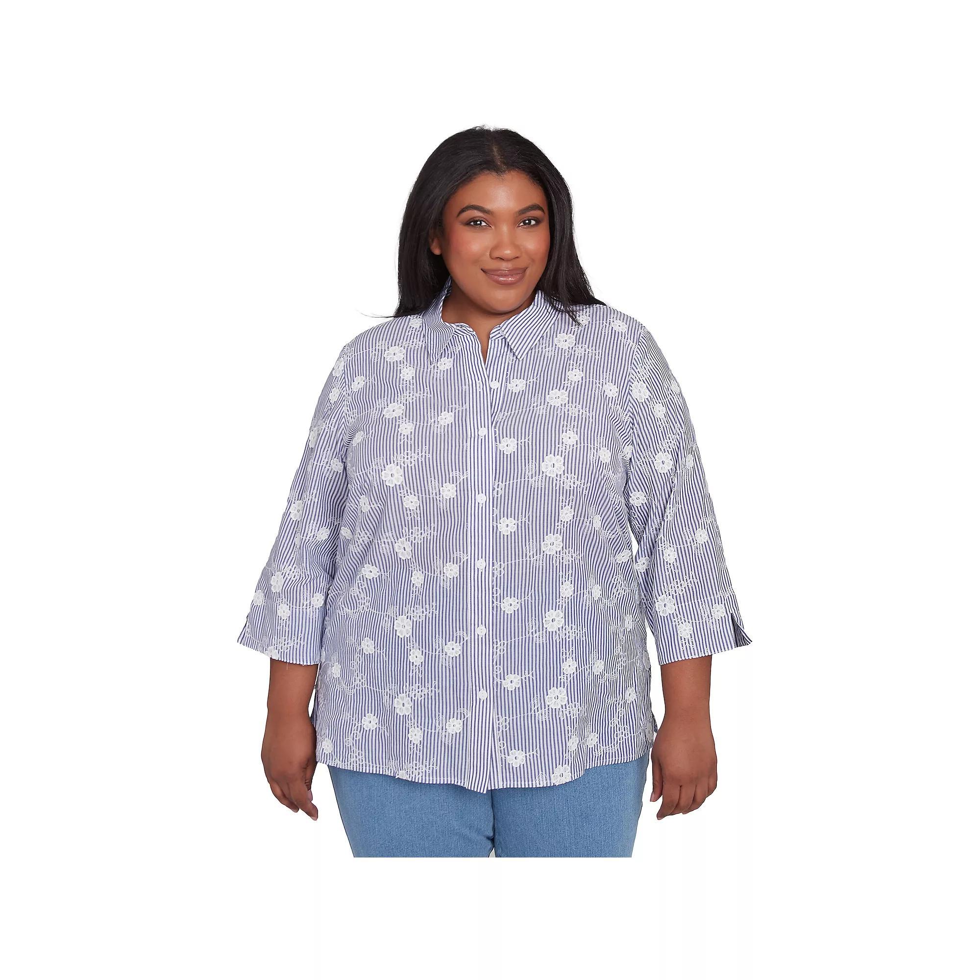 Plus Size Alfred Dunner Striped Breezy Floral Applique Top, Women's, Size: 2XL, Blue Product Image