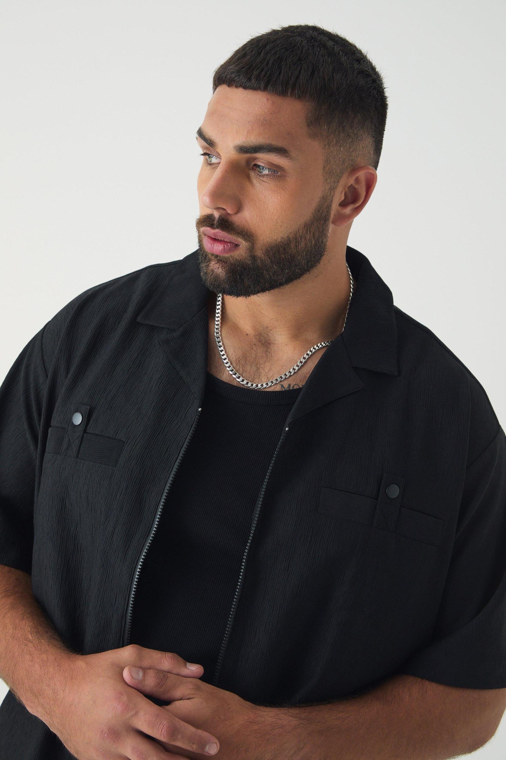 Plus Textured Pleated Zip Up Shirt | boohooMAN USA Product Image