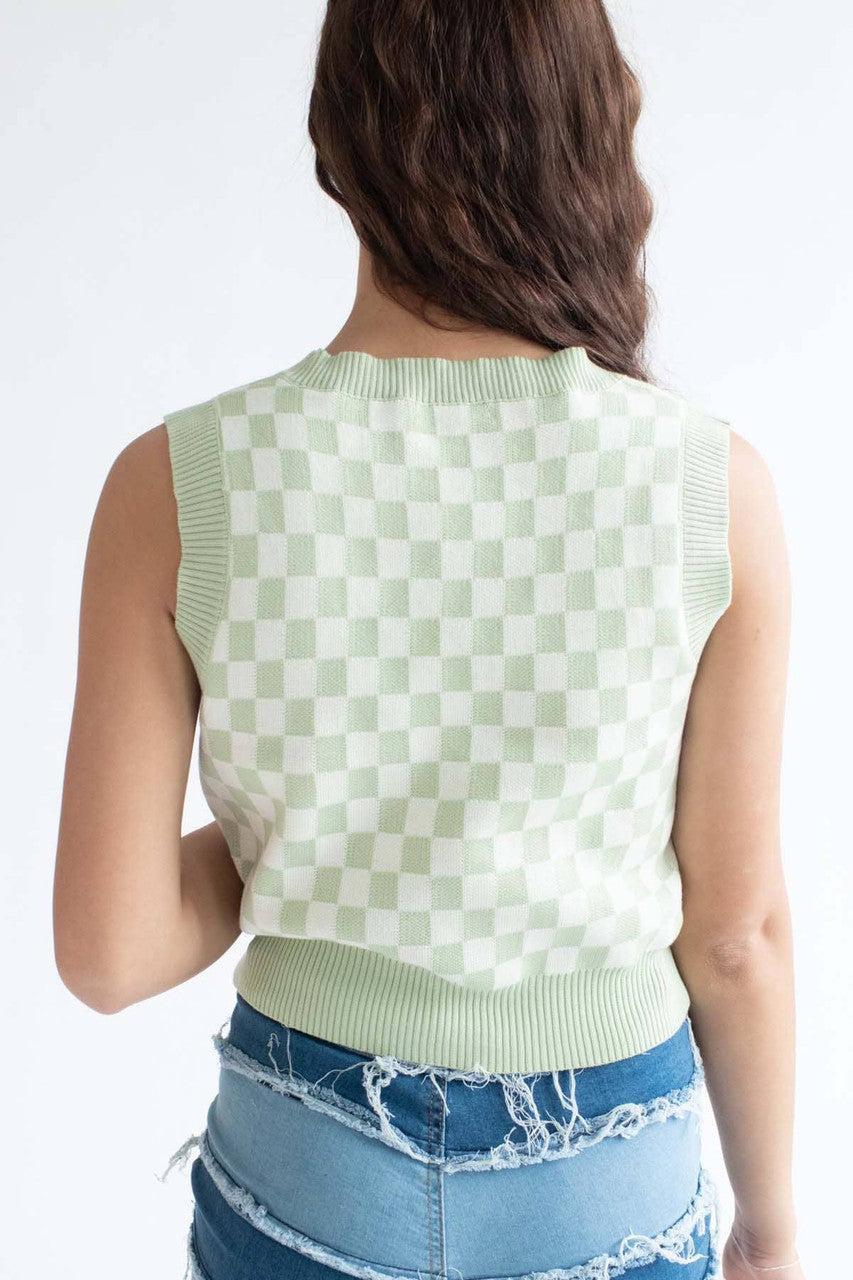 Moss Green Checkered Sweater Vest Product Image