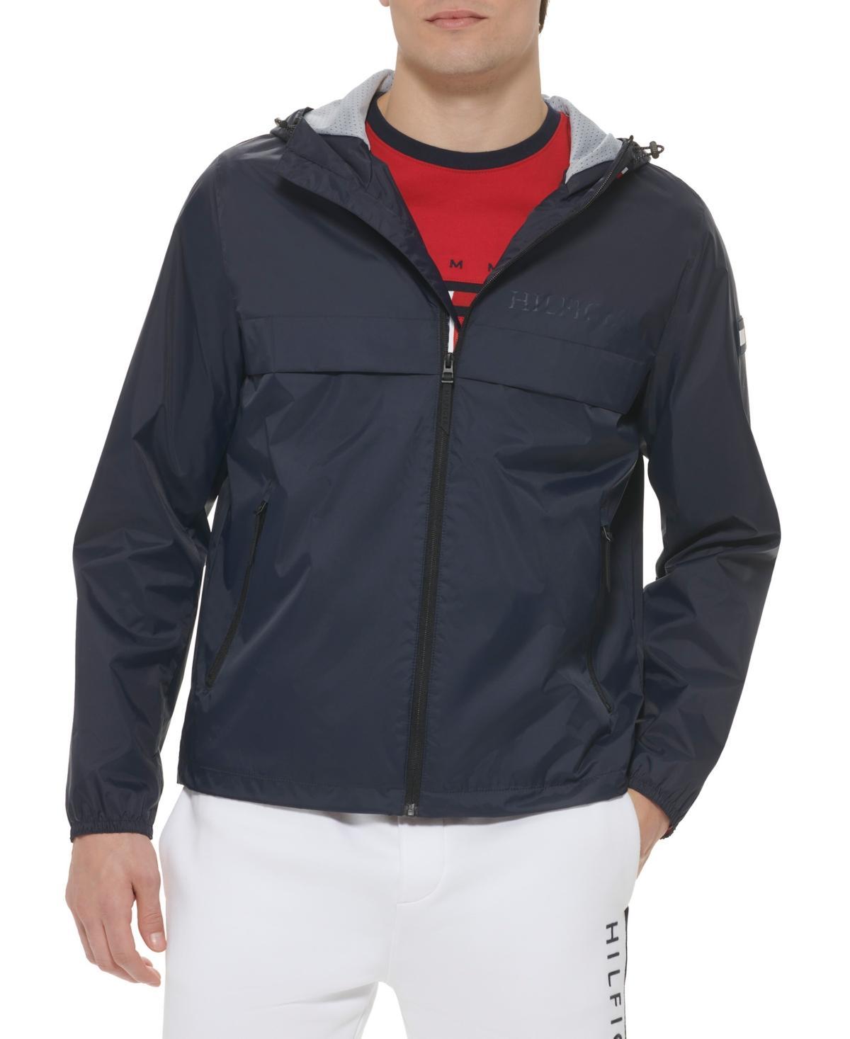 Men's Tommy Hilfiger Logo Patch Hooded Rain Jacket, Size: Medium, Blue Stripe Product Image