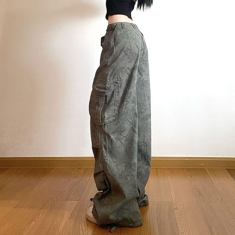 High Rise Camouflage Print Wide Leg Cargo Pants Product Image
