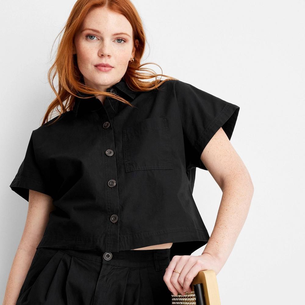 Women's Cap Sleeve V-Neck Button-Down Shirt - Future Collective Black XS: Loose Fit, Ruffle Sleeve, Lightweight Woven Fabric Product Image