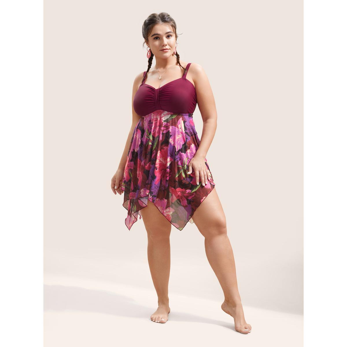 Plus Size Floral Patchwork Tummy Control Ruched Swim Dress Women's Swimwear RedViolet Beach Bodycon Heart neckline High stretch Curve Swim Dresses BloomChic 14-16/1X Product Image