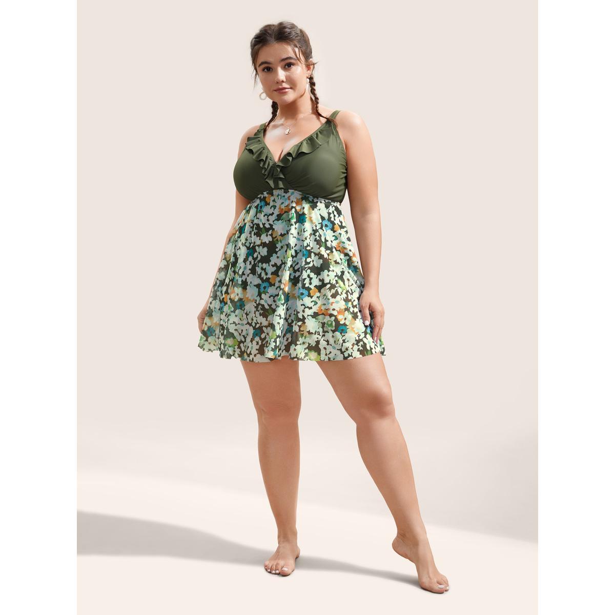 Plus Size Patchwork Ditsy Floral Ruffles Swim Dress Women's Swimwear ArmyGreen Beach Bodycon Deep V-neck High stretch Curve Swim Dresses BloomChic 12/L Product Image