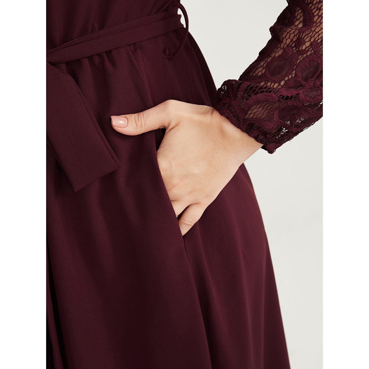 Plus Size Solid Wrap Pocket Lantern Sleeve Lace Belted Maxi Dress Burgundy Women Elegant V-neck Long Sleeve Curvy Long Dress BloomChic 10/M Product Image