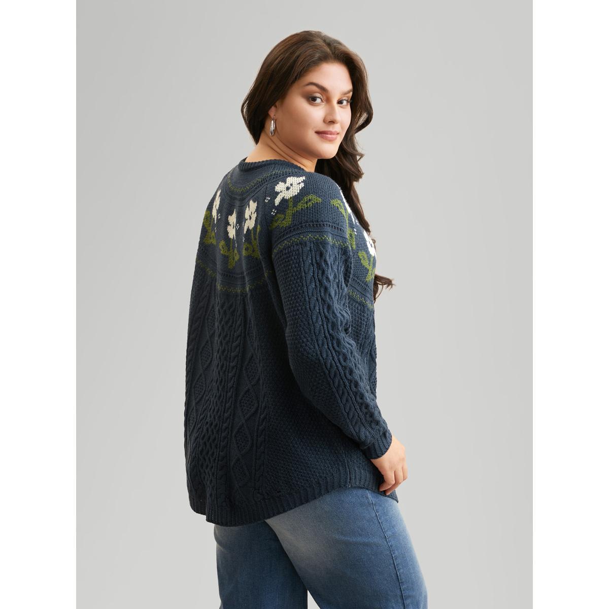 Plus Size Floral Jacquard Raglan Sleeve Pullover Indigo Women Casual Long Sleeve Round Neck Everyday Pullovers BloomChic 26/4X Product Image