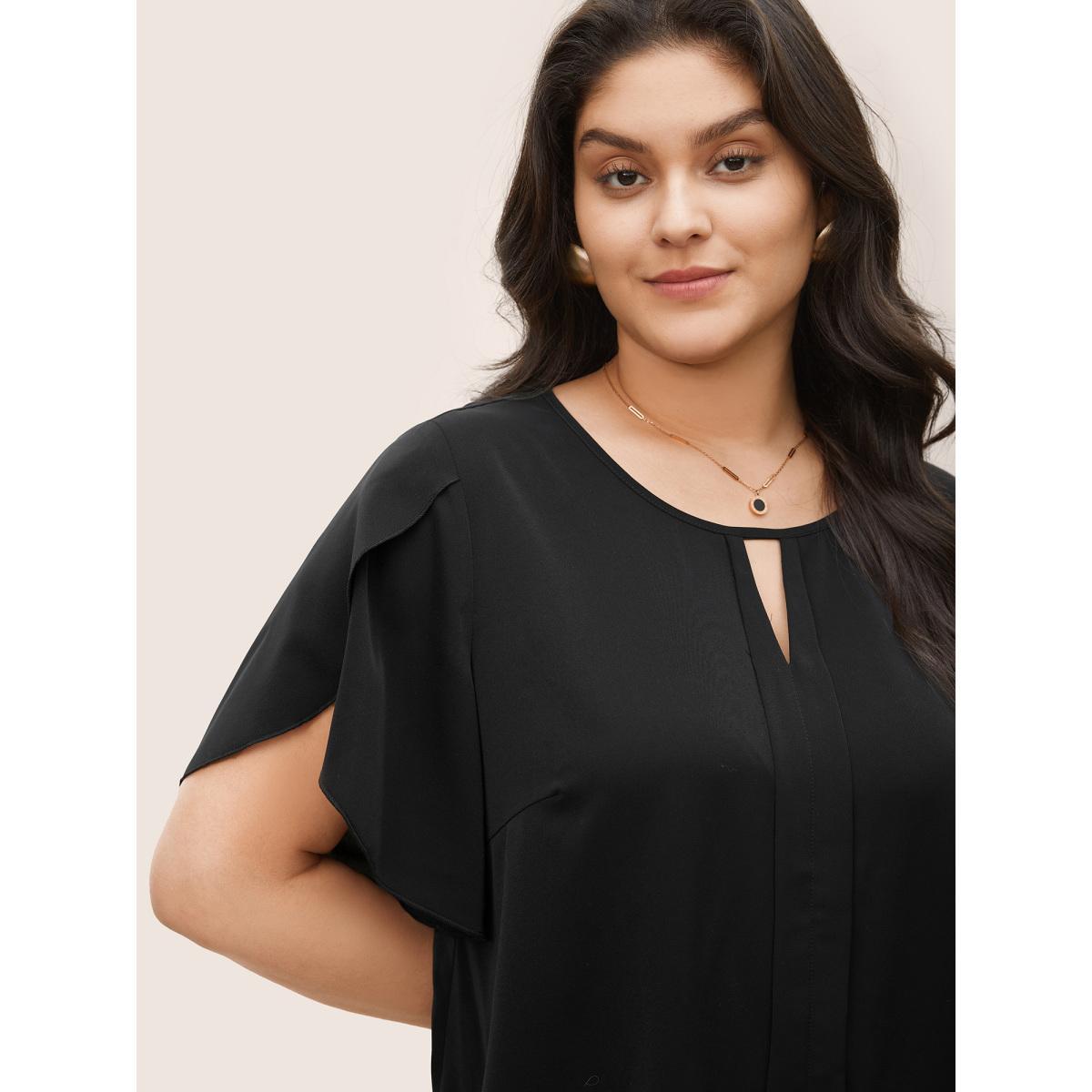Plus Size Black Solid Keyhole Petal Sleeve Pleated Blouse Women Work From Home Short sleeve Notched collar Work Blouses BloomChic 22-24/3X Product Image