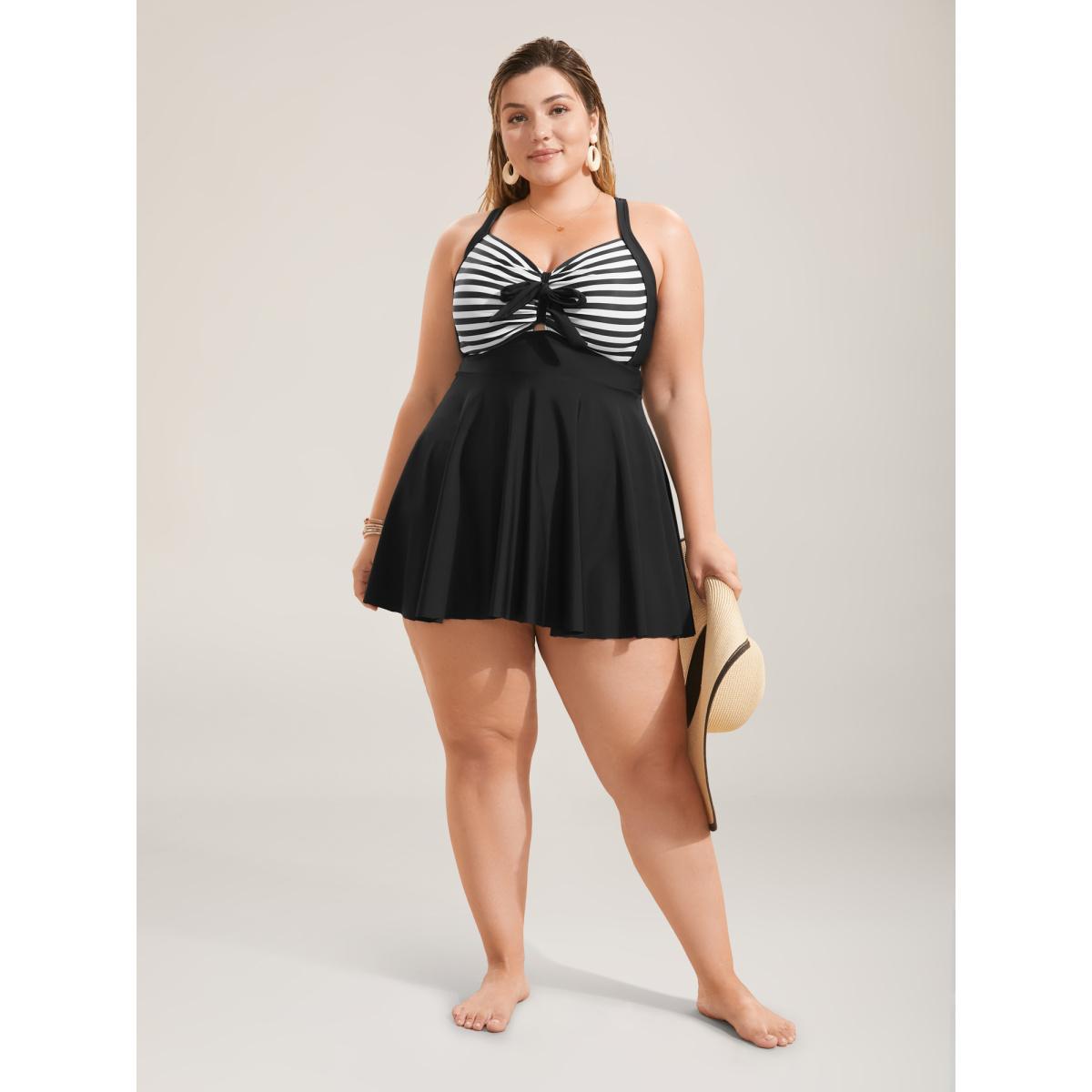Plus Size Stripes Patchwork Tie Knot Cross Straps Swim Dress Women's Swimwear Black Beach Bodycon Heart neckline High stretch Curve Swim Dresses BloomChic 12/L Product Image