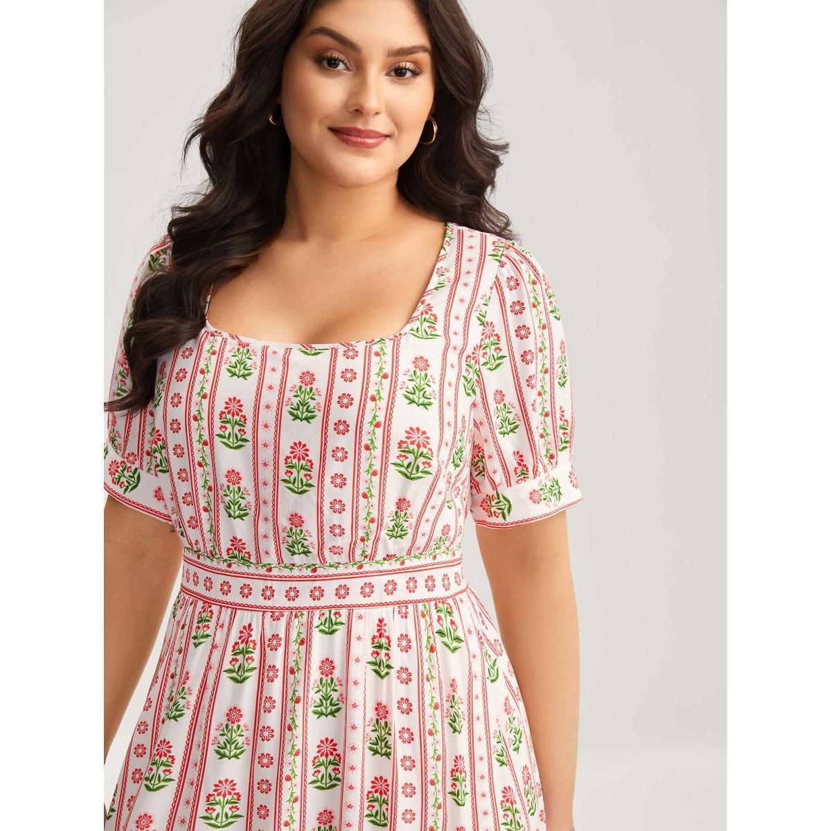 Plus Size Floral Stripe Shirred Waist Midi Dress Raspberry Women Non Short sleeve Curvy BloomChic 14-16/1X Product Image