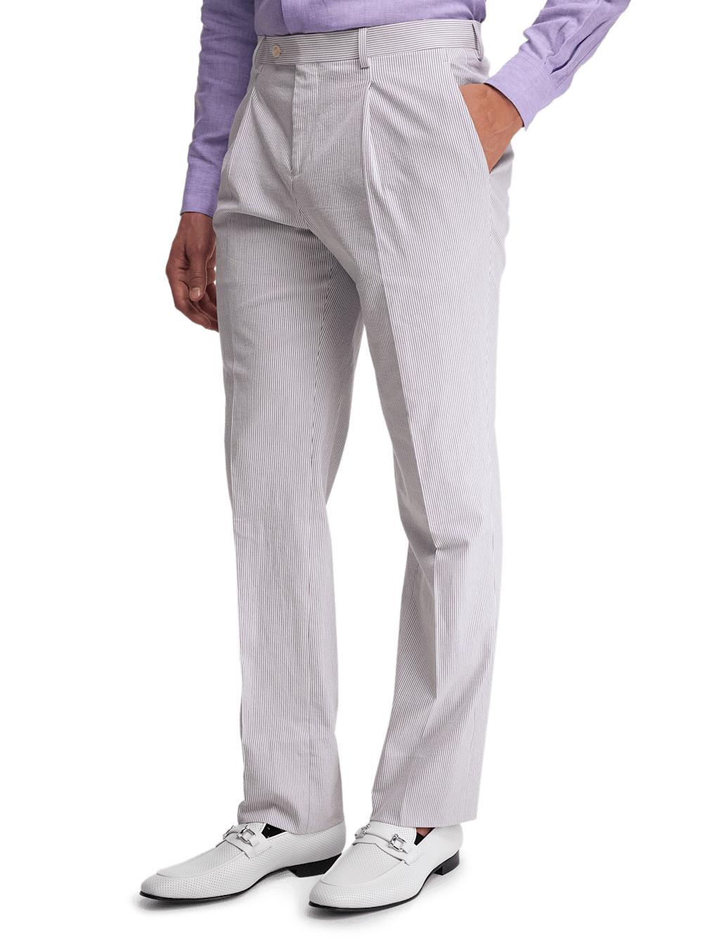 Cotton Stretch Stripe Seersucker Single Pleat Suit Pants - Purple/white Product Image
