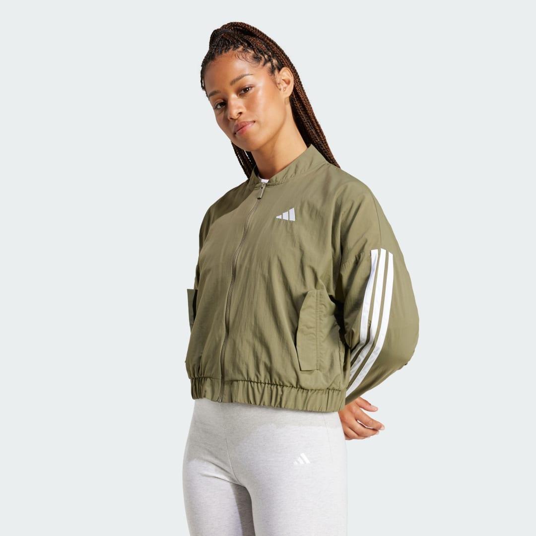 adidas Essentials 3-Stripes Lifestyle Woven Bomber Jacket Olive Strata M Womens Product Image