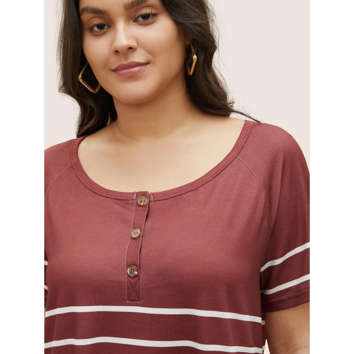 Plus Size Striped Print Raglan Sleeve Button Up T-shirt Burgundy Women Casual Contrast Striped Round Neck Everyday T-shirts BloomChic 30/6X Product Image