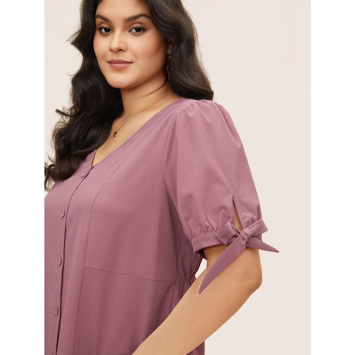 Plus Size RedViolet Stretchy Woven Tie Knot Button Detail Blouse Women Casual Half Sleeve V-neck Everyday Blouses BloomChic 18-20/2X Product Image
