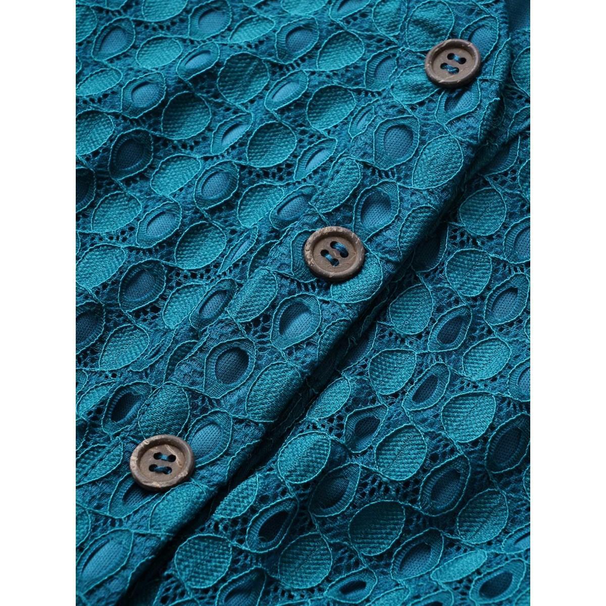 Plus Size Textured Notched Button Detail Sleeveless Dress Cerulean Women At the Office Non Notched collar Sleeveless Curvy Midi Dress BloomChic 30/6X Product Image