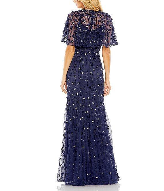 Mac Duggal Beaded Floral Illusion Short Cape Sleeve Sheath Gown Product Image