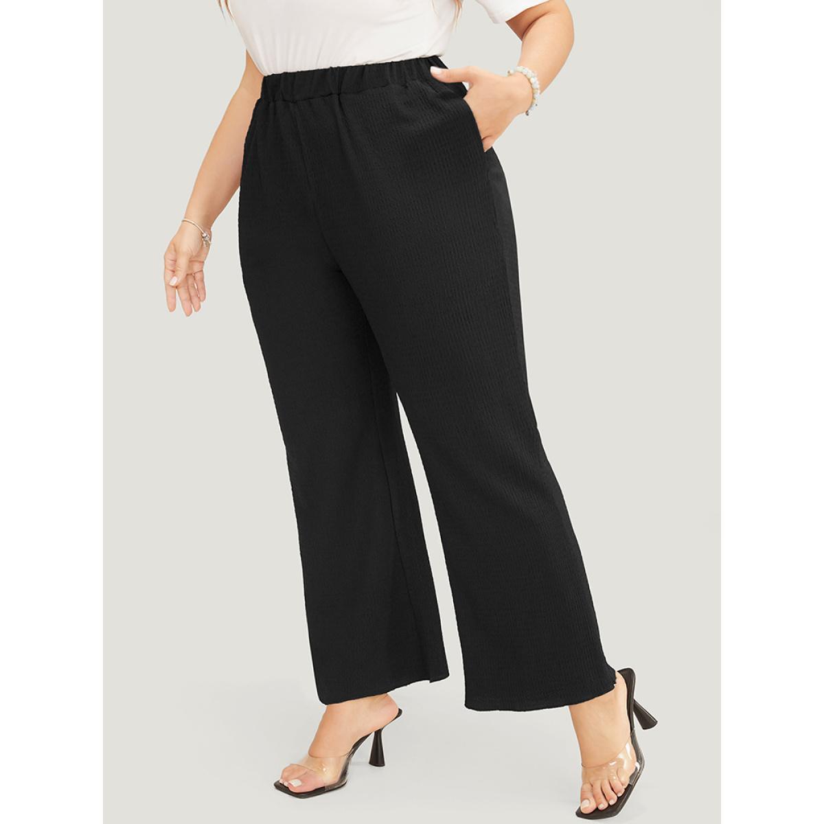 Plus Size Solid Textured Elastic Waist Pocket Bootcut Pants Women Black Casual Mid Rise Dailywear Pants BloomChic 10/M Product Image