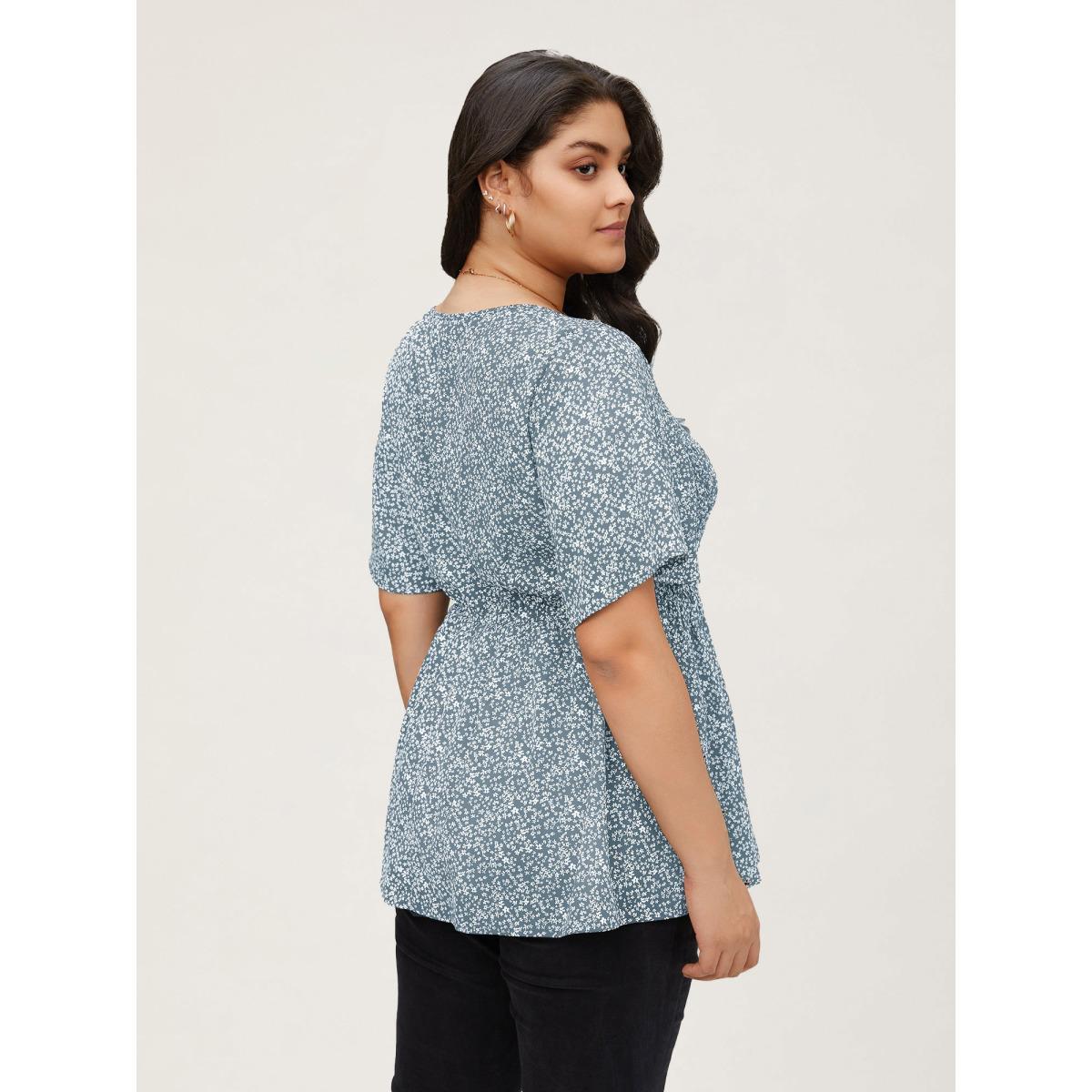 Plus Size LightBlue Ditsy Floral Shirred Ruffle Sleeve Elastic Waist Blouse Women Elegant Short sleeve V-neck Everyday Blouses BloomChic 14-16/1X Product Image