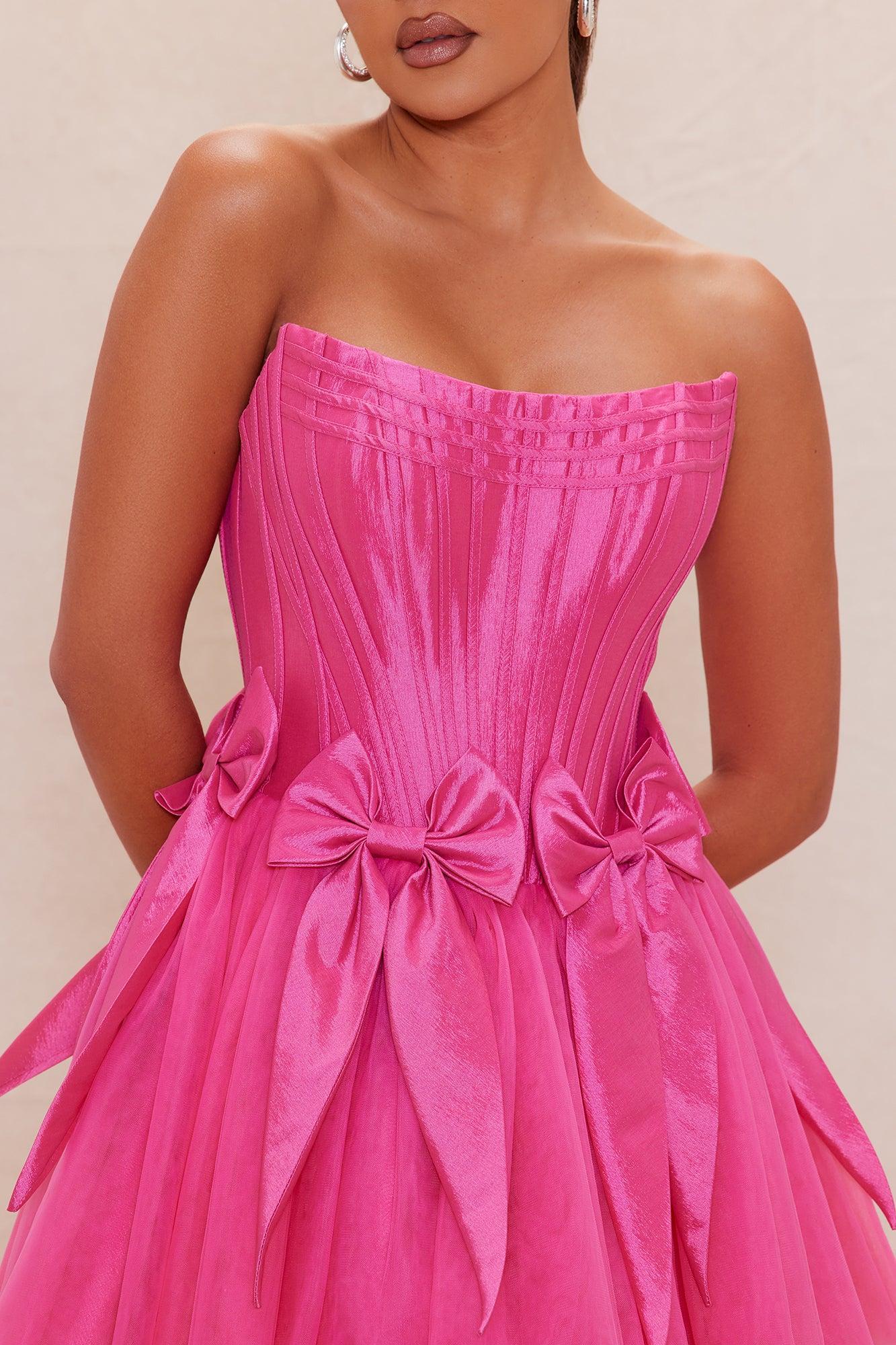 Brielle Bow Satin Mini Dress - Hot Pink Product Image