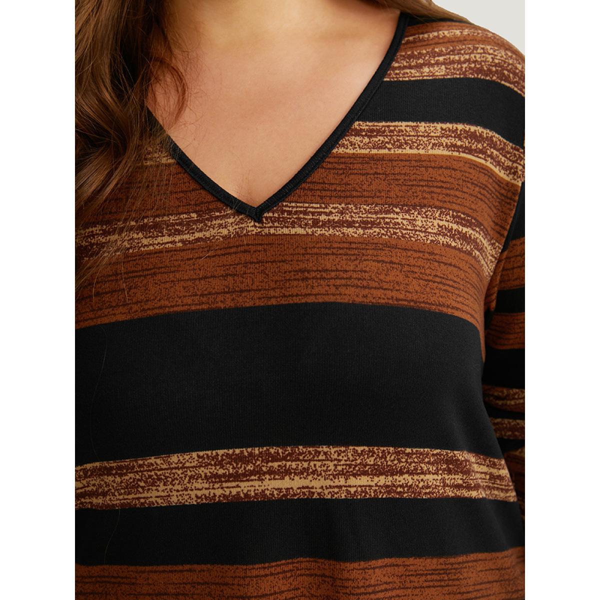 Plus Size Striped Contrast V Neck T-shirt Multicolor Women Casual Printed Striped V-neck Dailywear T-shirts BloomChic 12/L Product Image