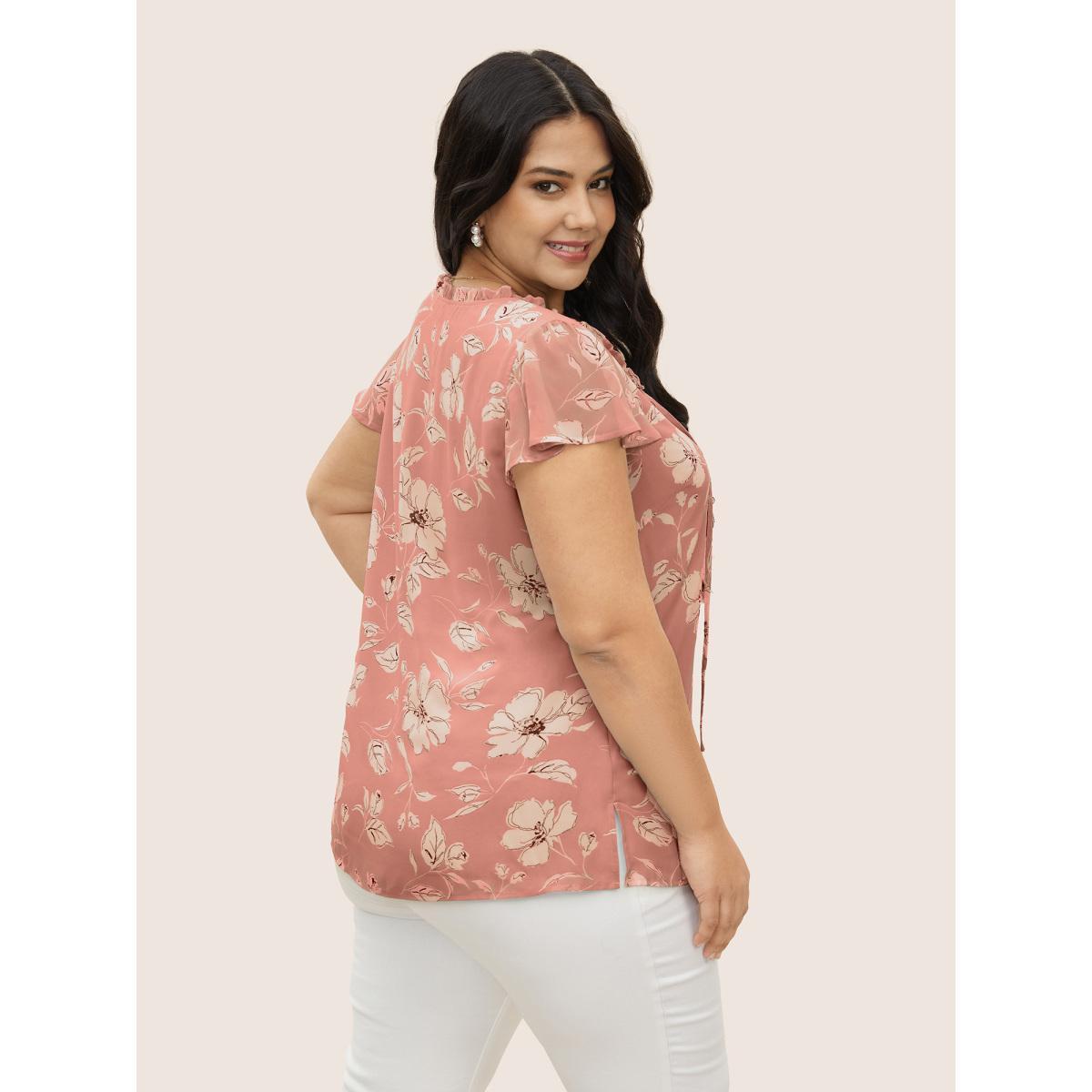 Plus Size Crepe Floral Frill Trim Tie Knot Ruffles Blouse Women Elegant Cap Sleeve Round Neck Everyday Blouses BloomChic 26/4X Product Image