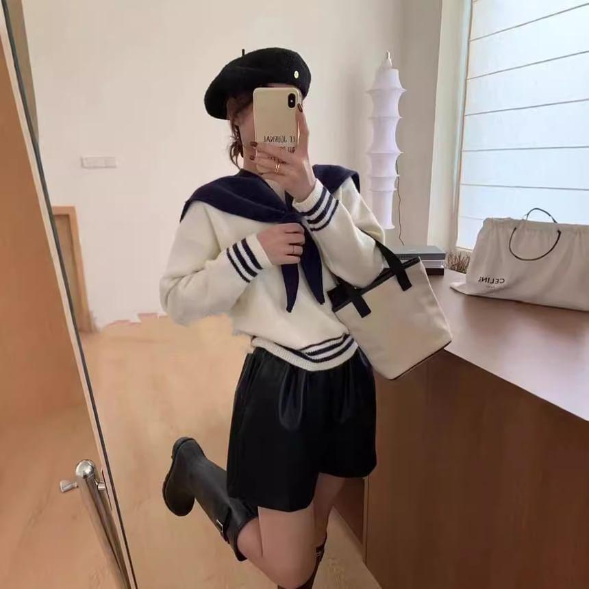 Sailor Collar Striped Trim Sweater Product Image