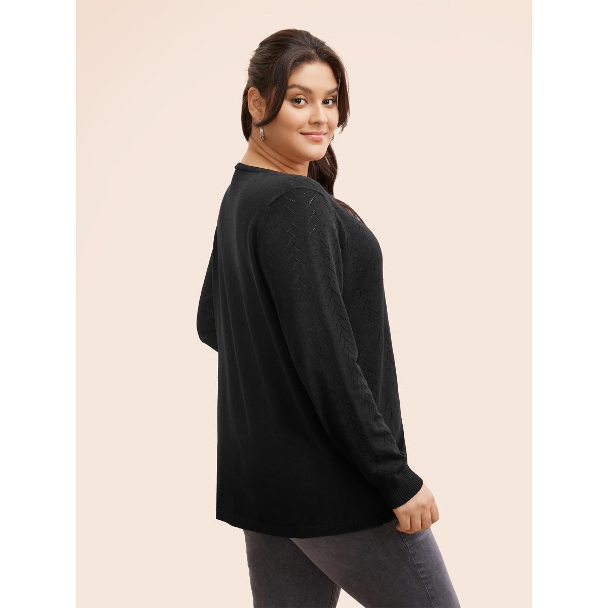 Plus Size Texture V Neck Lightweight Pullover Black Women Casual Long Sleeve V-neck Everyday Pullovers BloomChic 12/L Product Image