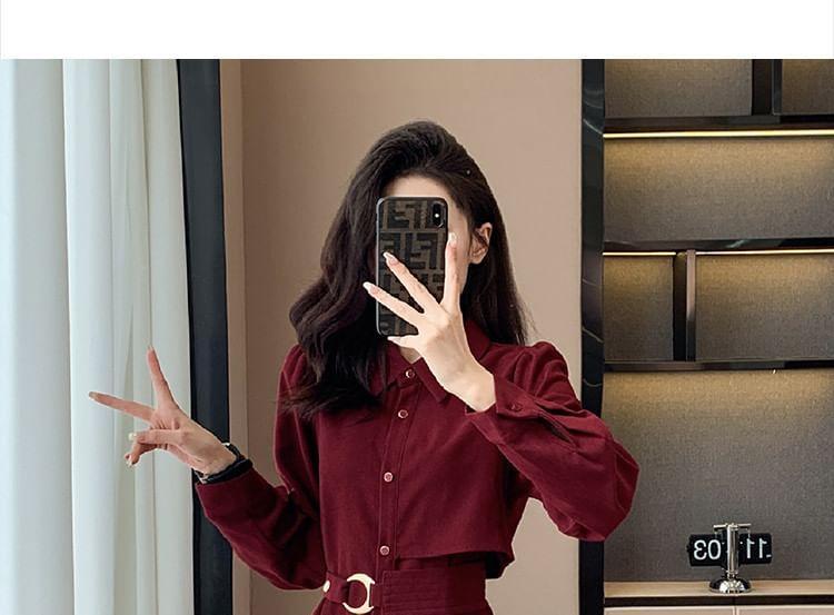 Long-Sleeve Plain Midi A-Line Shirt Dress Product Image