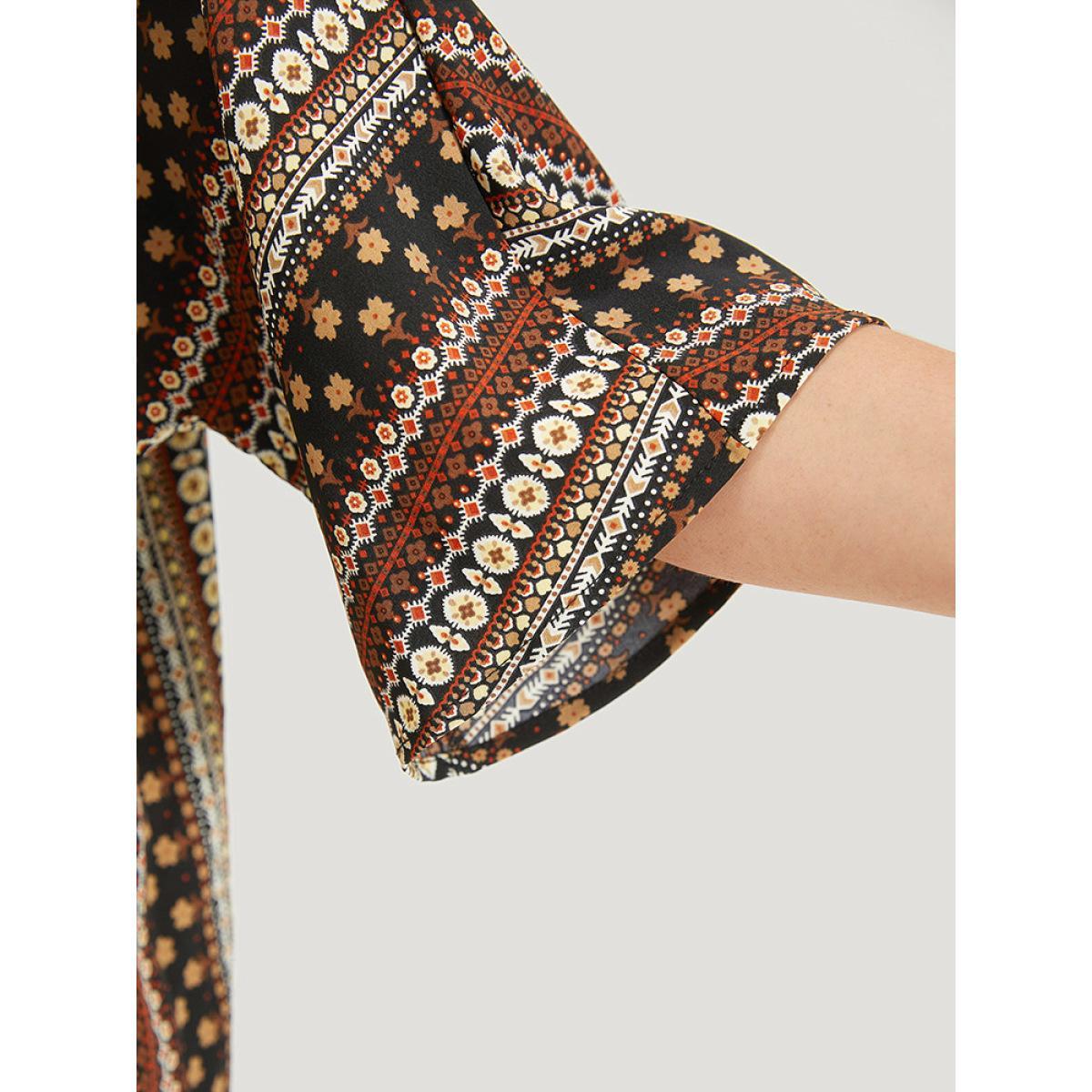 Plus Size Boho Print Open Front Half Sleeve Kimono Women DarkBrown Casual Printed Loose Dailywear Kimonos BloomChic 30/6X Product Image