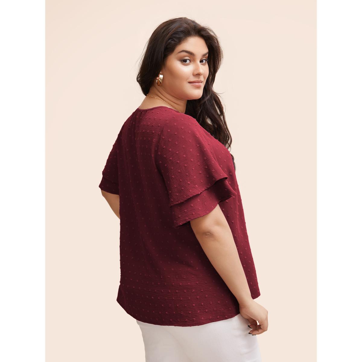 Plus Size Burgundy Plain Ruffle Tiered Sleeve V Neck Polka Dot Blouse Women Elegant Short sleeve V-neck Everyday Blouses BloomChic 30/6X Product Image