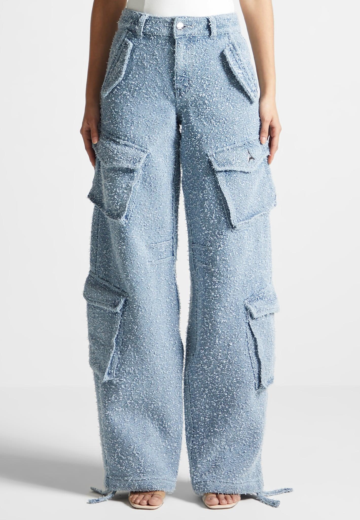 Anne - High Waisted Boucle Denim Cargo Pants - Mid Blue Female Product Image
