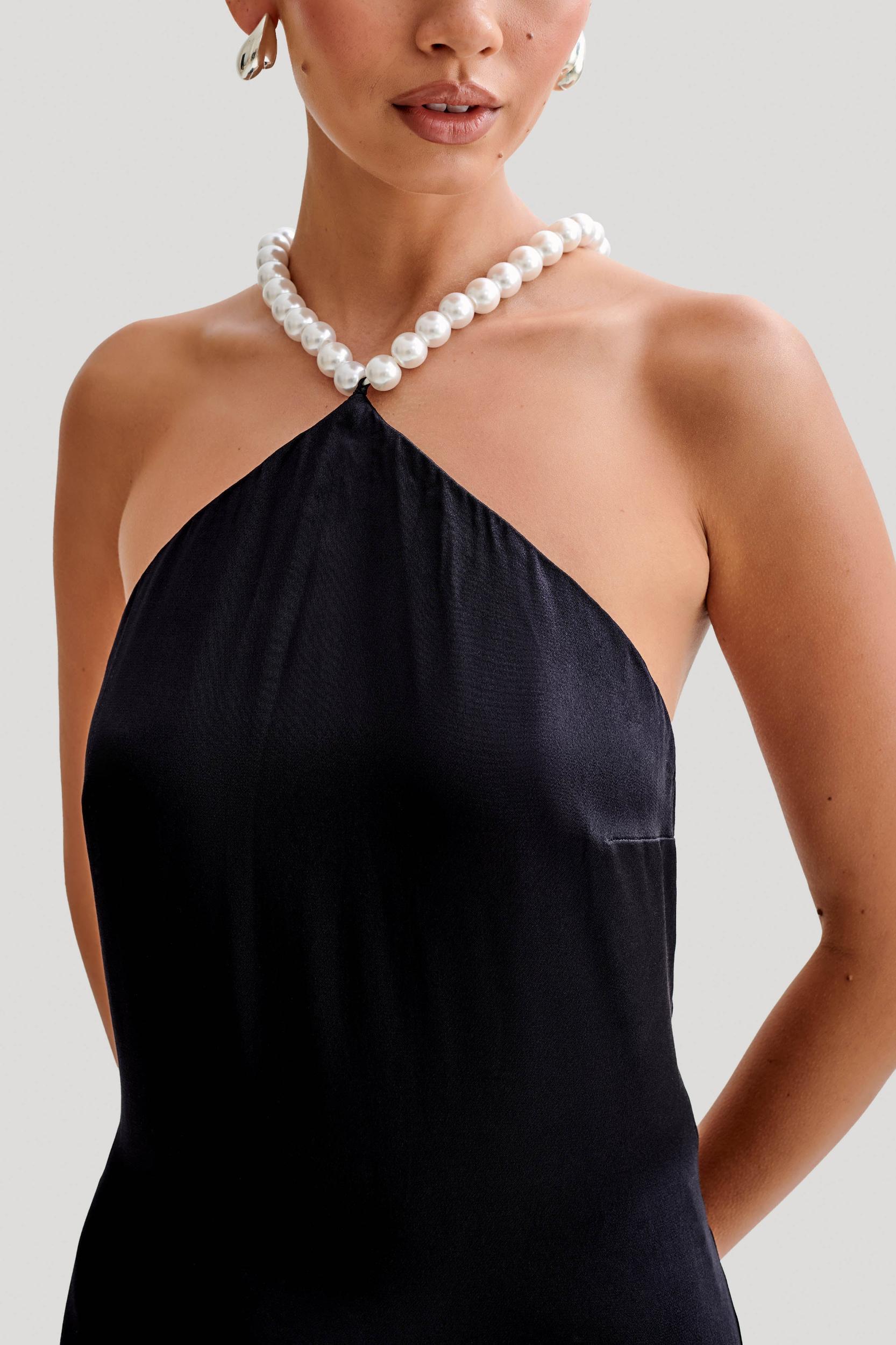 Blanche Satin Pearl Halter Maxi Dress - Black Product Image